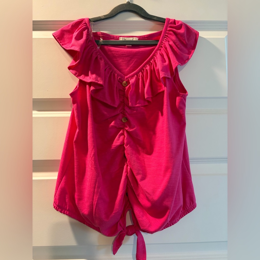 Pink Ruffle Blouse with Front Buttons & Tie
